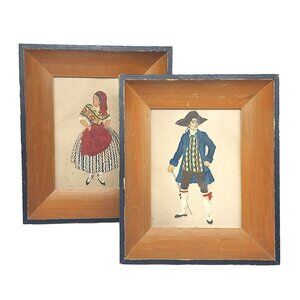 Antique Pair of Costume Prints, Framed 9243 Ethnic Folk Art Garb Traditional Dre
